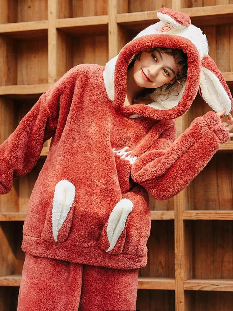 WOMEN'S RED RABBIT CARTOON CORAL FEECE PAJAMAS VELVET